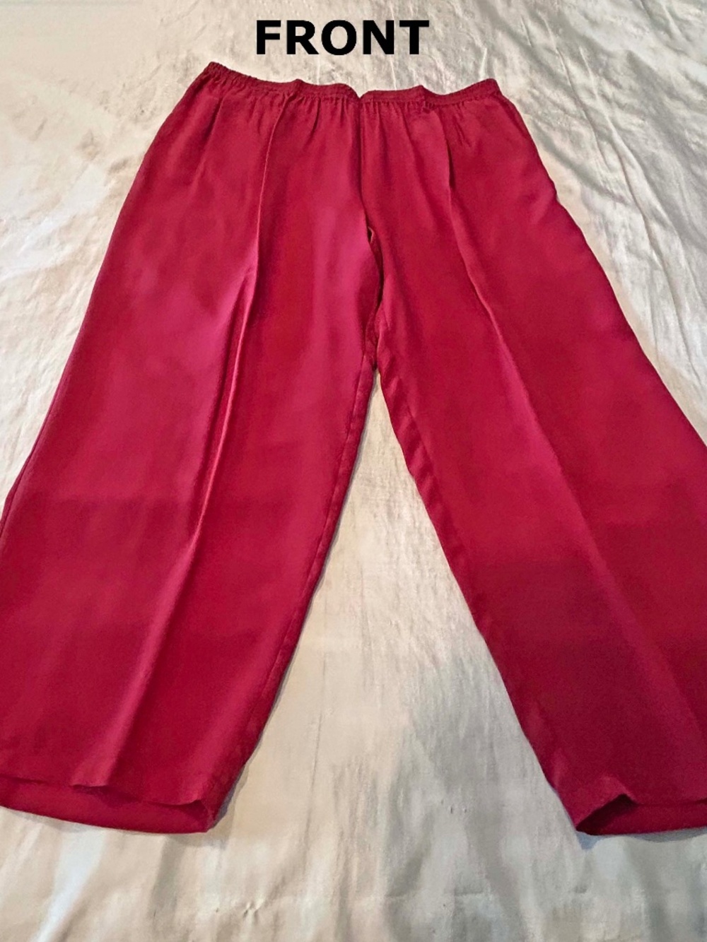 SILK PANTS, SCARLET, SIZE 24, SIDE POCKETS, ELASTIC WAIST FRONT AND BACK, NO LIN